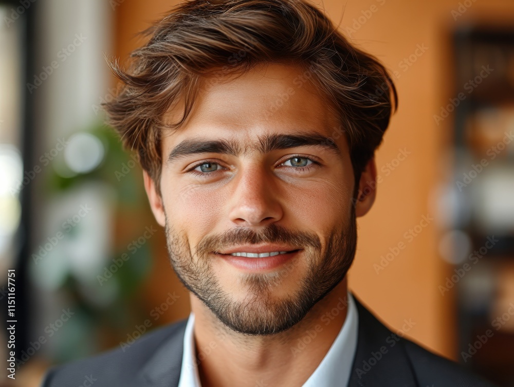 Confident businessman with a suit and a smile in a office background, He looking at the camera Confident businessman with a suit and a smile in a office background, He looking at the camera
