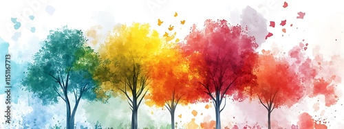 Colorful watercolor trees and leaves.