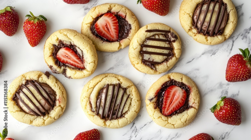 Fresh Baked Cookies with Strawberries and Chocolate Drizzle Decoration Fresh Baked Cookies with Strawberries and Chocolate Drizzle Decoration