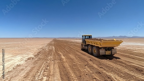 Heavy Machinery Working on Expansive Dry Salt Flat Landscape