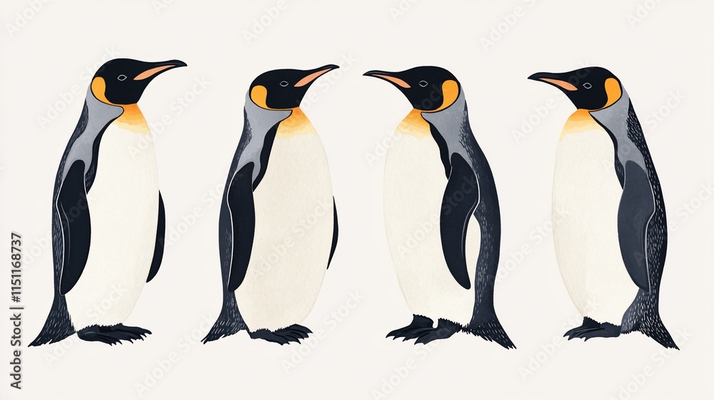 Fototapeta premium Four king penguins in different poses, isolated on white.