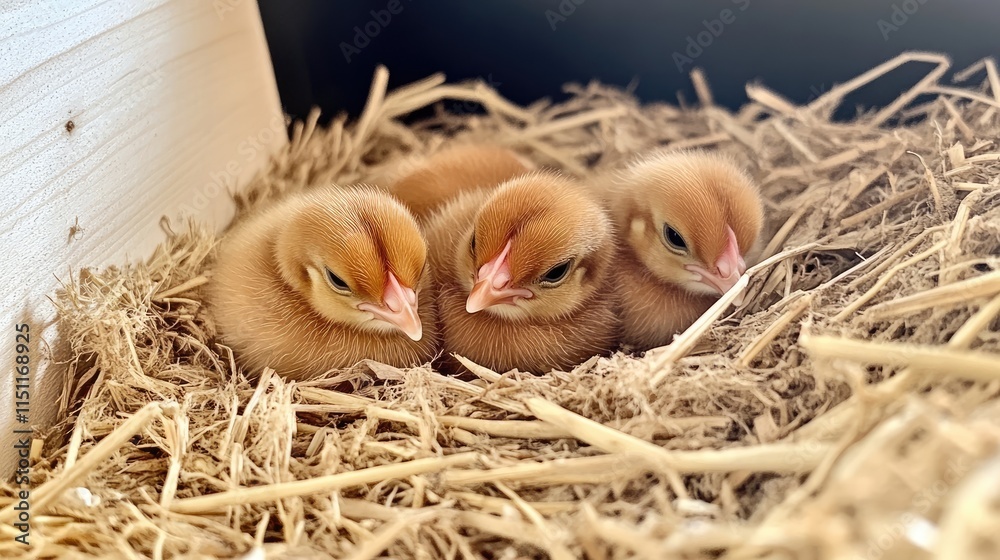 Three Adorable Yellow Chickens Nestled in Straw Bedding Three Adorable Yellow Chickens Nestled in Straw Bedding