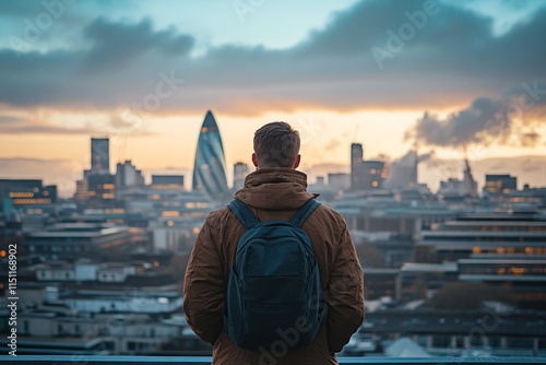 A person gazes at a stunning city skyline during sunset. The vibrant colors paint the sky. This moment captures contemplation and future possibilities. Generative AI. photo