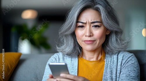 Mature Asian woman sitting on a sofa and squinting her eyes while trying to read the small text on her smartphone screen