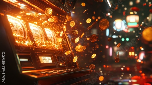 Gold coins burst from a jackpot machine, celebrating a big win amid colorful lights and confetti. Banner with copyspace
