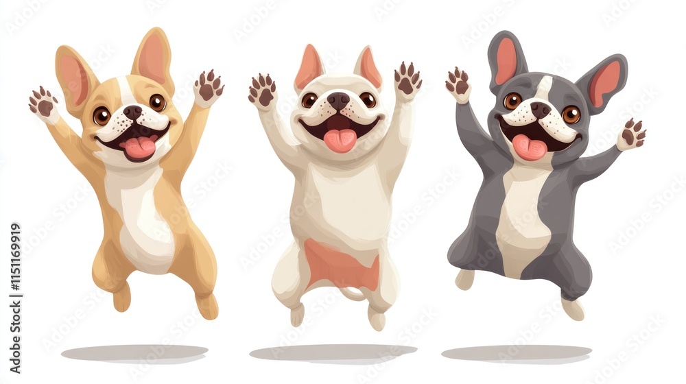 Three dogs of various breeds are enthusiastically jumping while waving their paws happily Three dogs of various breeds are enthusiastically jumping while waving their paws happily
