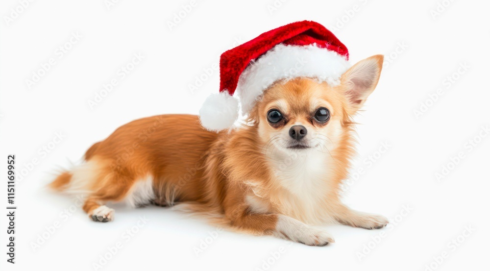 Cute Chihuahua dog wearing Santa Claus red hat on white background. Cute Chihuahua dog wearing Santa Claus red hat on white background.