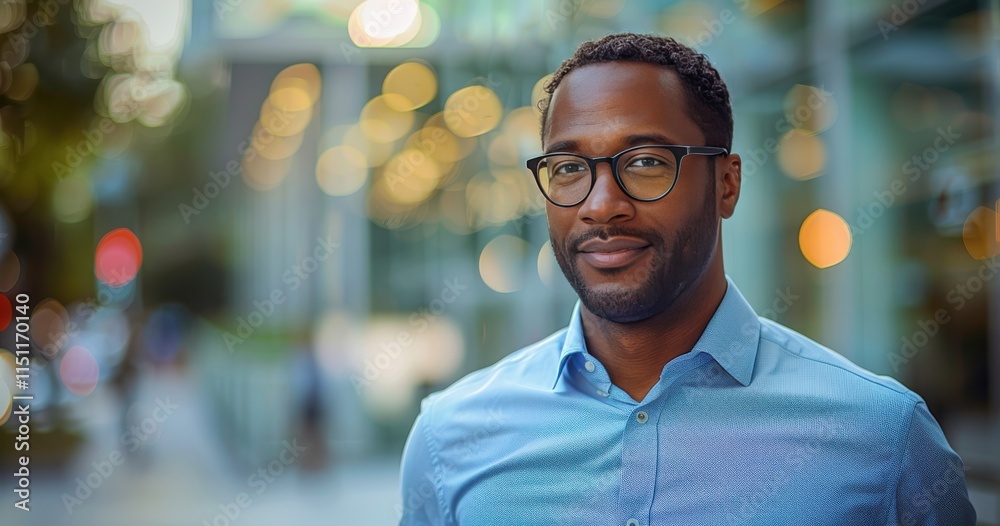 A man wearing a blue shirt and glasses is smiling A man wearing a blue shirt and glasses is smiling