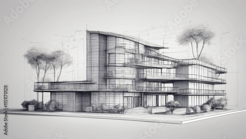 A Digital Wireframe Sketch of an Innovative Building Design