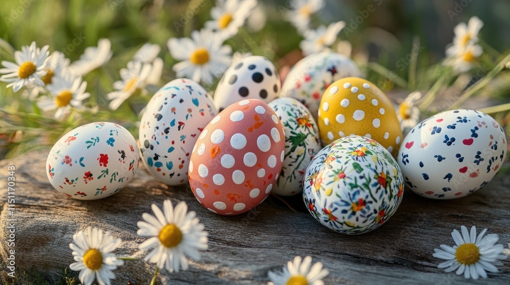Fototapeta premium Colorful Easter Eggs with Floral Patterns on Natural Background