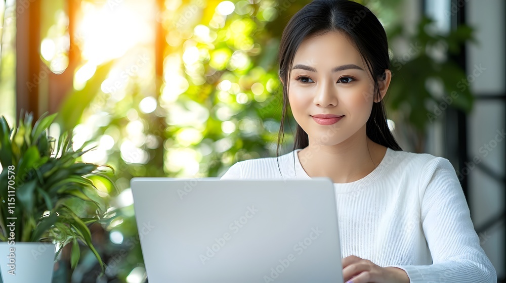 Cheerful Asian Businesswoman Sitting at Her Desk Focused and Productive While Working on Her Laptop in a Bright and Modern Office Setting Cheerful Asian Businesswoman Sitting at Her Desk Focused and Productive While Working on Her Laptop in a Bright and Modern Office Setting
