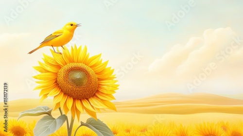 A bright yellow bird perched on a sunflower against rolling golden fields and a soft pastel sky, celebrating Kansas Day. photo