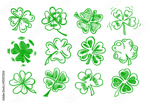 Lucky four, three clover shamrock leaf icon hand drawn style vector illustration set. Irish celtic St Patrick Day logo shamrock clover leaf symbol collection. Luck and happiness floral Irish ornament.