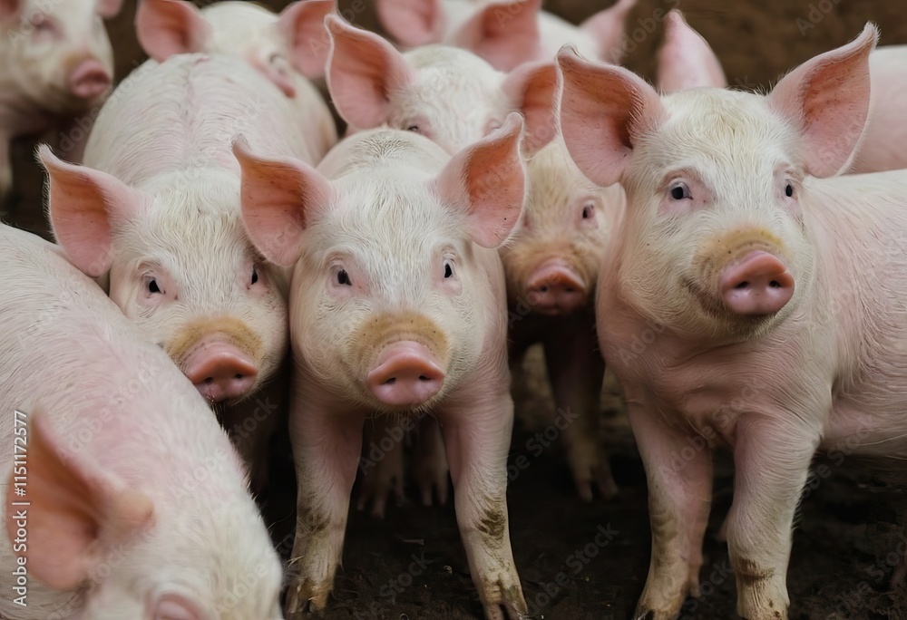 A herd of pigs stands closely together, gazing at the camera A herd of pigs stands closely together, gazing at the camera