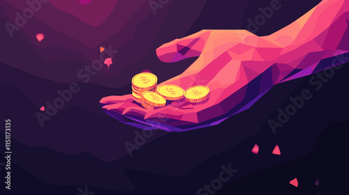Colorful and polygonal artwork of a hand offering gold coins on a purple background, symbolizing generosity, wealth distribution, and digital assets.