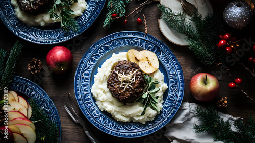 Wallpaper Mural hearty and rustic holiday meal featuring meatloaf, mashed potatoes, and garnished with apples. festive table setting includes greenery and seasonal decorations Torontodigital.ca