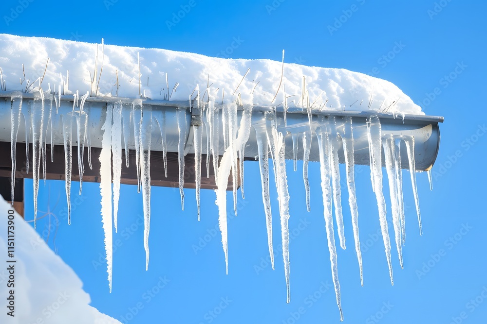 A row of icicles hanging from a snowy roof, glistening under the winter sunlight in a peaceful setting. A row of icicles hanging from a snowy roof, glistening under the winter sunlight in a peaceful setting.