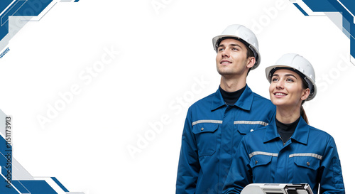 young woman and man in construction helmets on white background with blue geometric elements, mockup for banner or advertisement with empty space for text . Generative AI photo