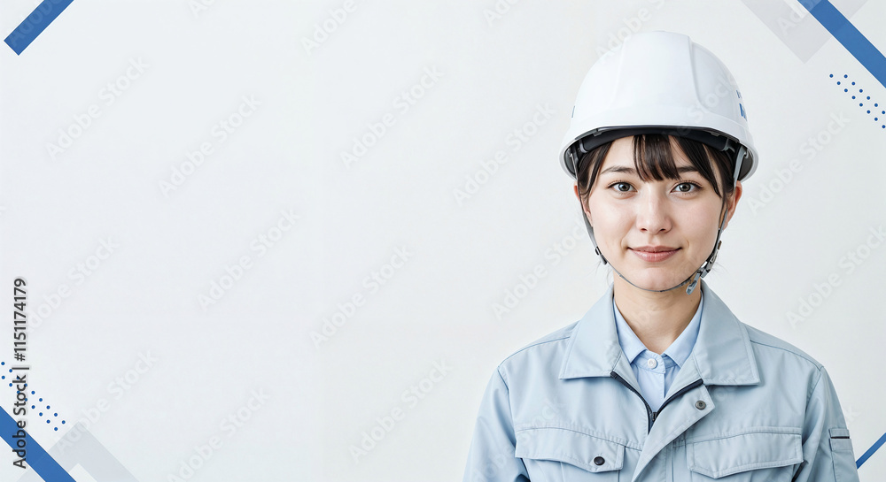 young Asian woman in construction helmets on white background with blue geometric elements, mockup for banner or advertisement with empty space for text . Generative AI young Asian woman in construction helmets on white background with blue geometric elements, mockup for banner or advertisement with empty space for text . Generative AI