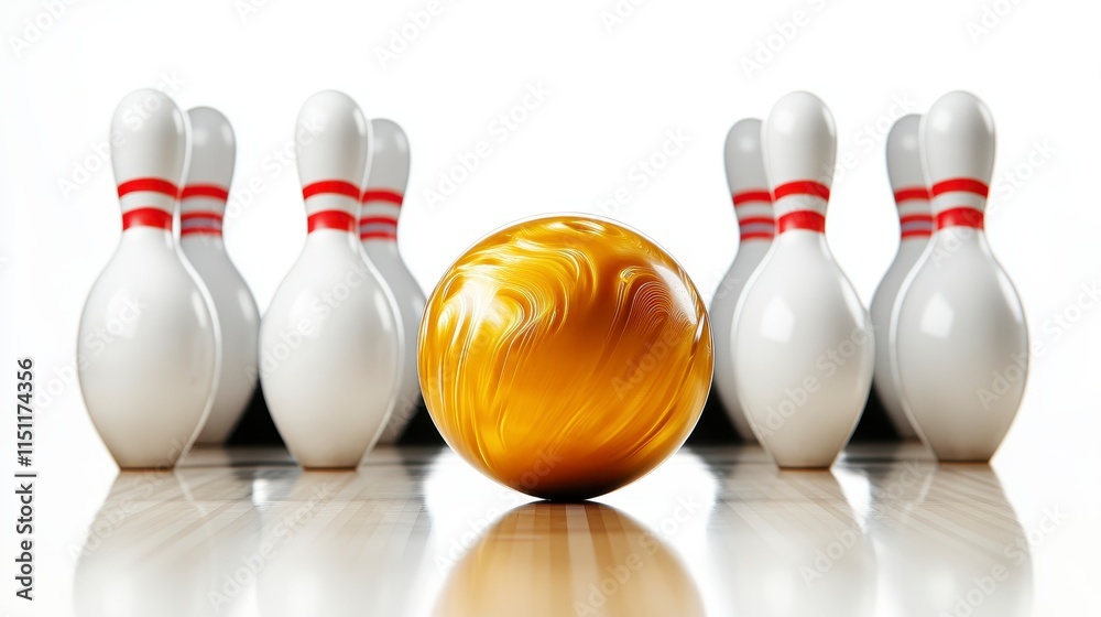 A shiny golden bowling ball rolls toward a set of white pins, poised for a strike in a vibrant bowling alley. A shiny golden bowling ball rolls toward a set of white pins, poised for a strike in a vibrant bowling alley.