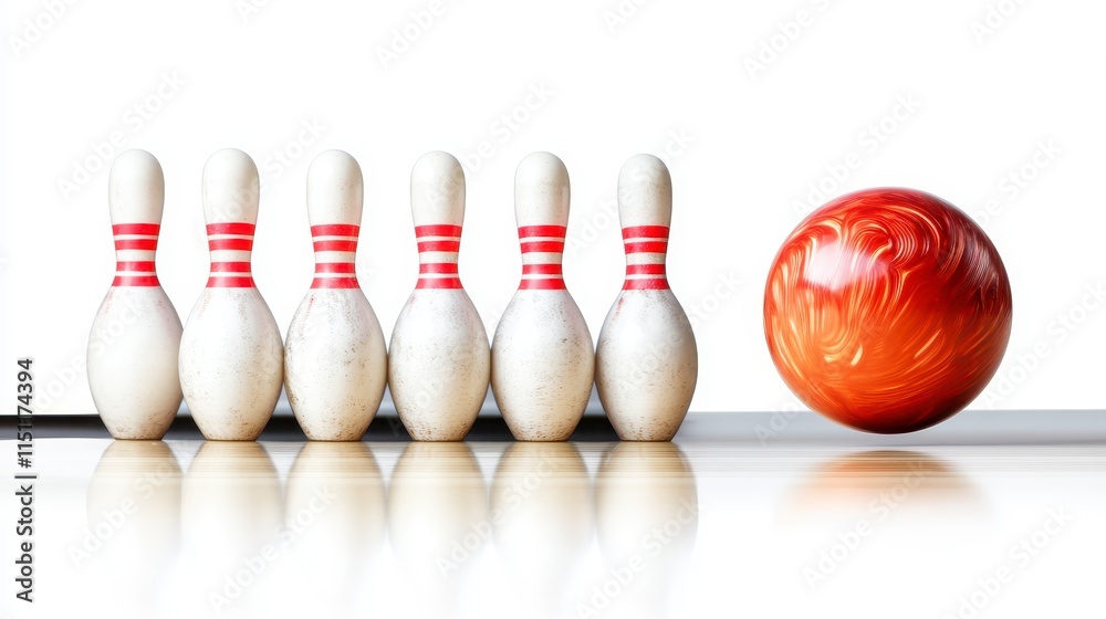 A vibrant bowling scene featuring six white pins with red stripes and a glossy orange bowling ball approaching them. A vibrant bowling scene featuring six white pins with red stripes and a glossy orange bowling ball approaching them.