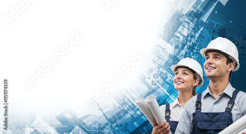 young woman and man in construction helmets on white background with blue geometric elements, mockup for banner or advertisement with empty space for text. Generative AI photo