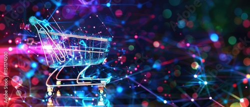 Colorful shopping cart in neon-lit mall - generative ai
