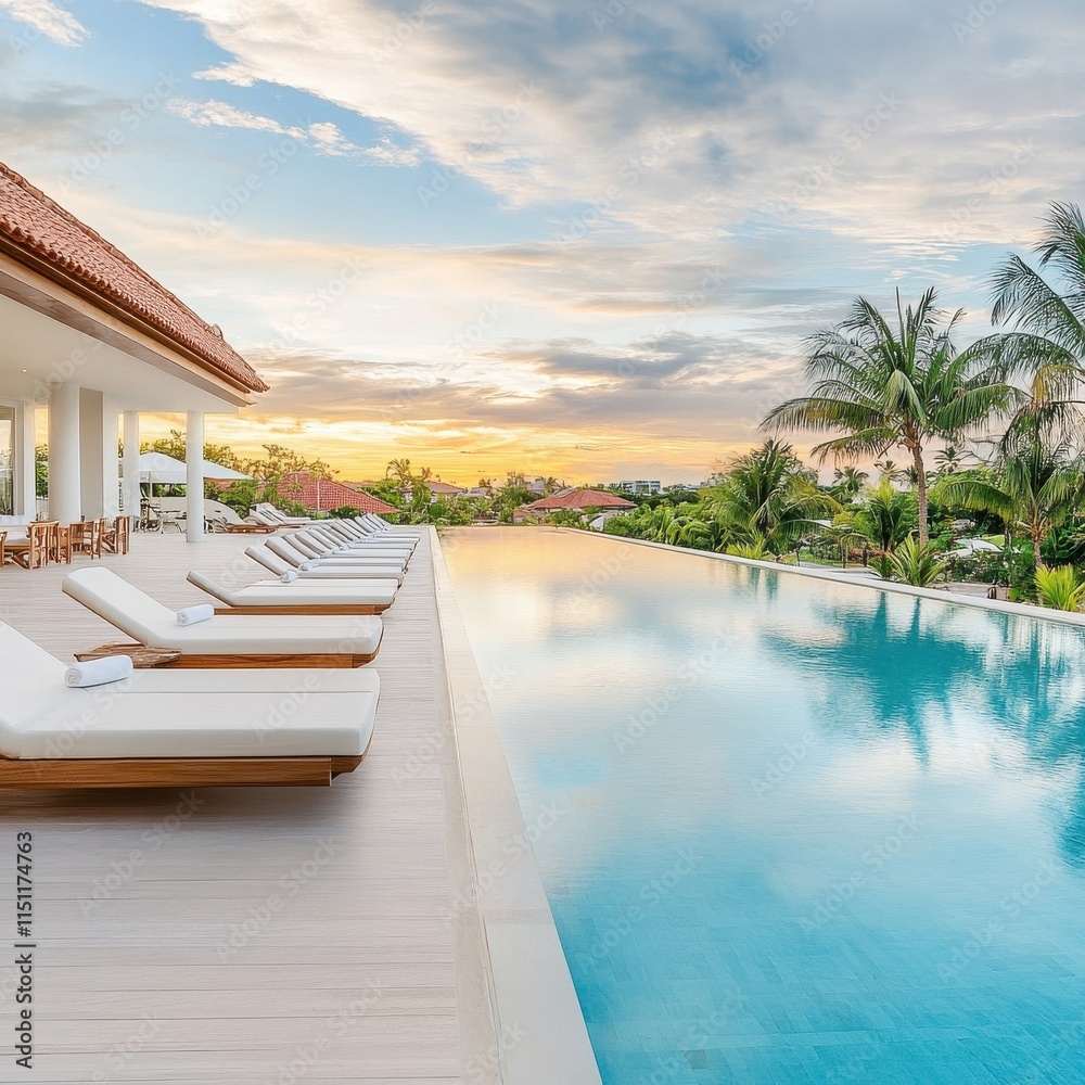 Fototapeta premium Serene Poolside Retreat with Lounge Chairs and Tropical Landscape Under Soft Sunset Sky in Modern Resort Setting