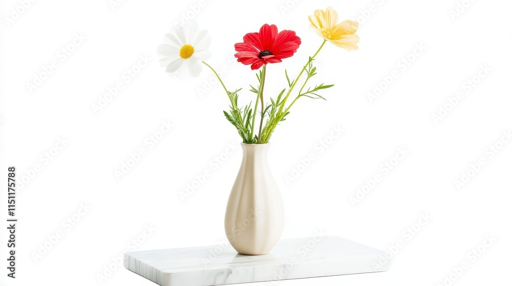 A simple, elegant vase holds three vibrant flowers-two daisies and a red bloom-against a bright, clean background. A simple, elegant vase holds three vibrant flowers-two daisies and a red bloom-against a bright, clean background.
