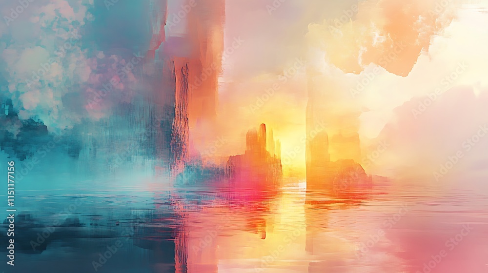 Fototapeta premium Dreamlike Digital Painting: Vivid Sunset Cityscape. AI Generated