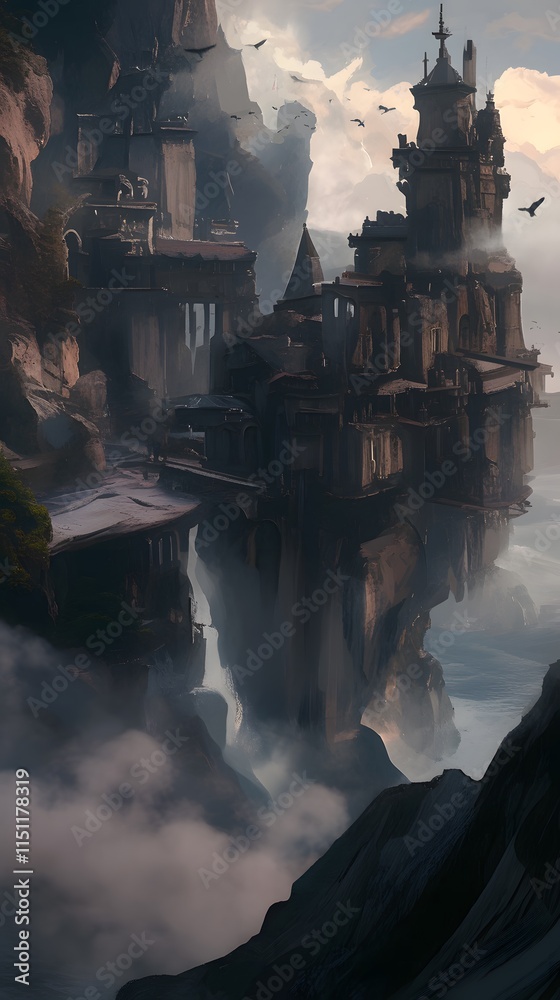 Fototapeta premium Towering castle on a rocky cliff shrouded in dense mist, creating an enchanting and mysterious view