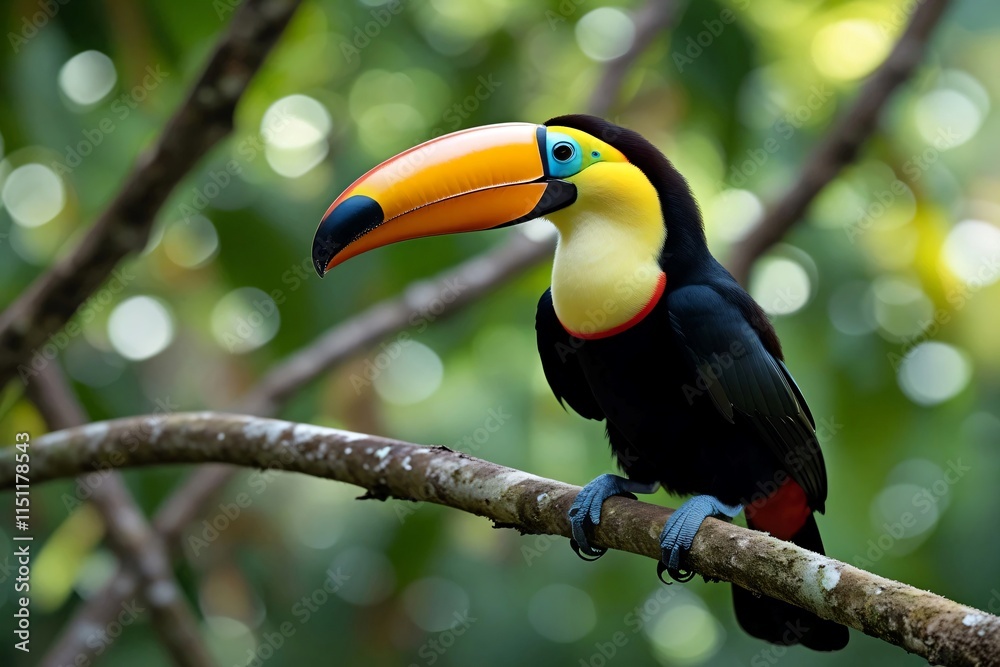 Naklejka premium A toucan bird perched on a tree branch