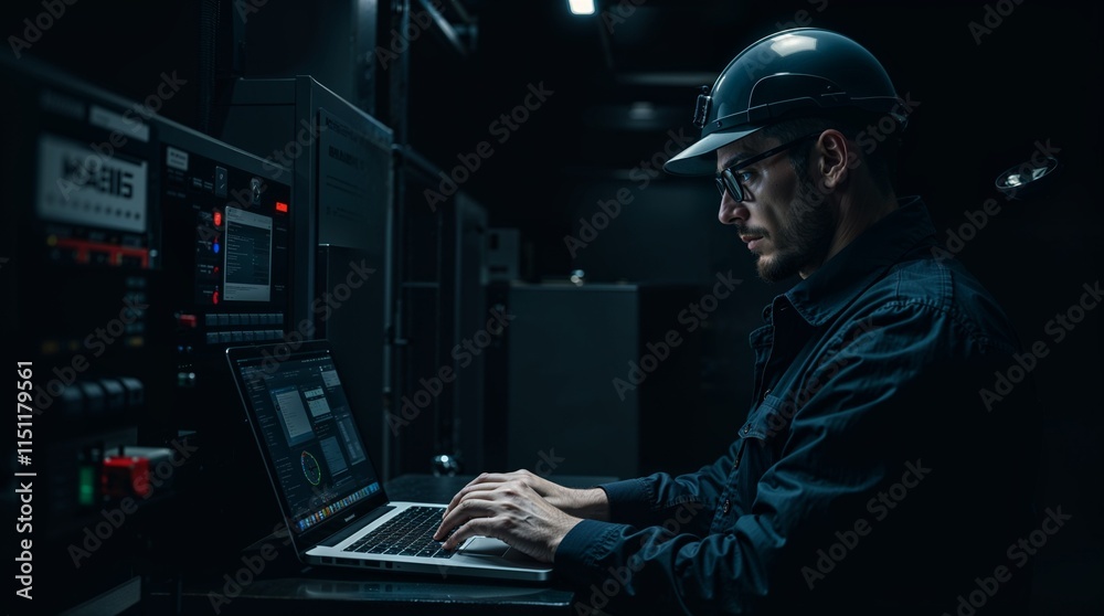 professional factory worker using a laptop to control machinery professional factory worker using a laptop to control machinery