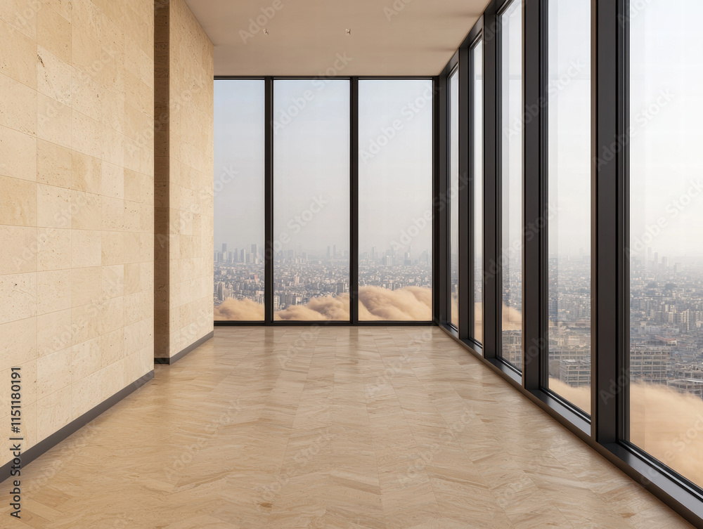 Obraz premium Dust crisis city life Spacious modern interior with floor-to-ceiling windows showcasing a city view.