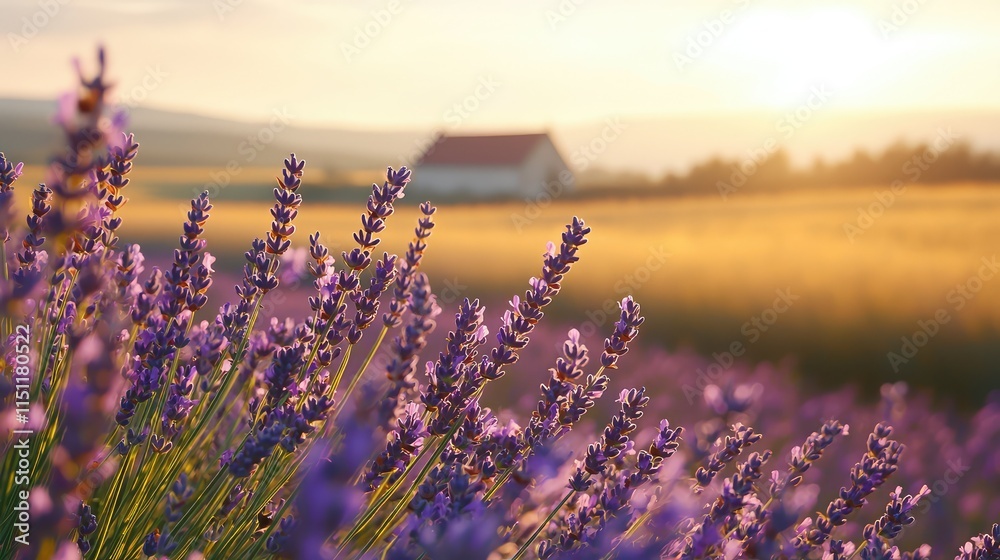 Obraz premium Lavender fields at sunset with a distant farmhouse