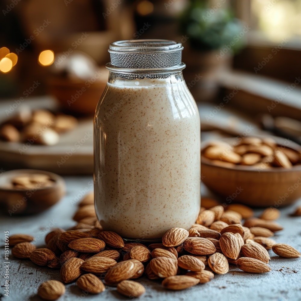 Homemade almond milk in a glass bottle alongside whole almonds Homemade almond milk in a glass bottle alongside whole almonds