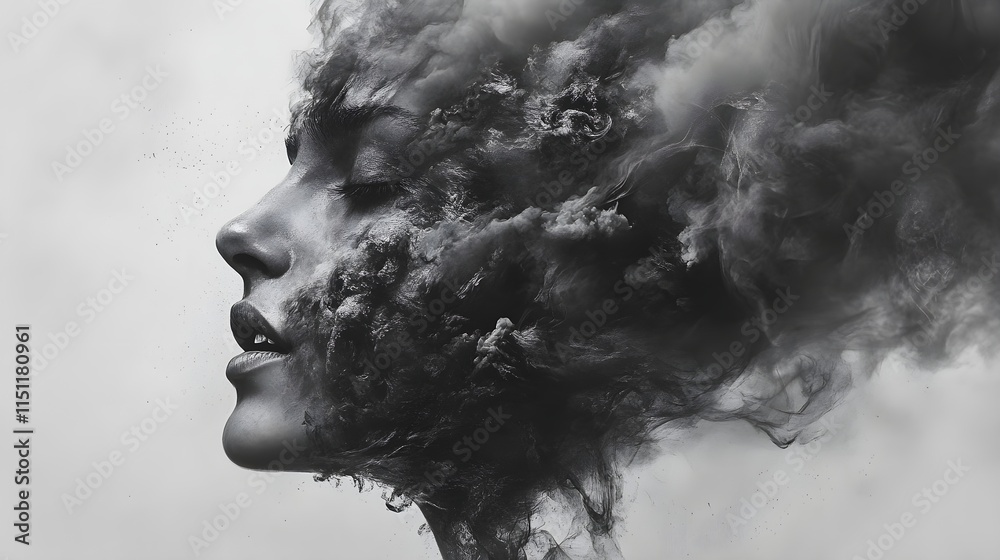 Ethereal woman's profile with abstract smoke artistry digital artwork surreal environment portrait view Ethereal woman's profile with abstract smoke artistry digital artwork surreal environment portrait view