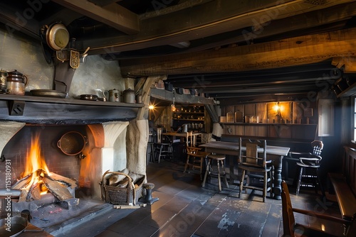 Rustic interior of a medieval tavern with wooden beams and dim lighting.