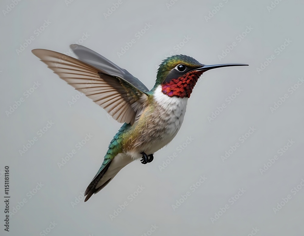 Fototapeta premium A Breathtaking Ruby-throated Hummingbird in Flight Majestic Pose Against a Soft Background