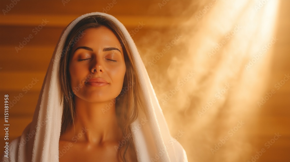 Fototapeta premium woman with long hair relaxes in a sauna, wrapped in a white towel, with her eyes closed. warm steam surrounds her, creating a serene ambiance for relaxation and wellness