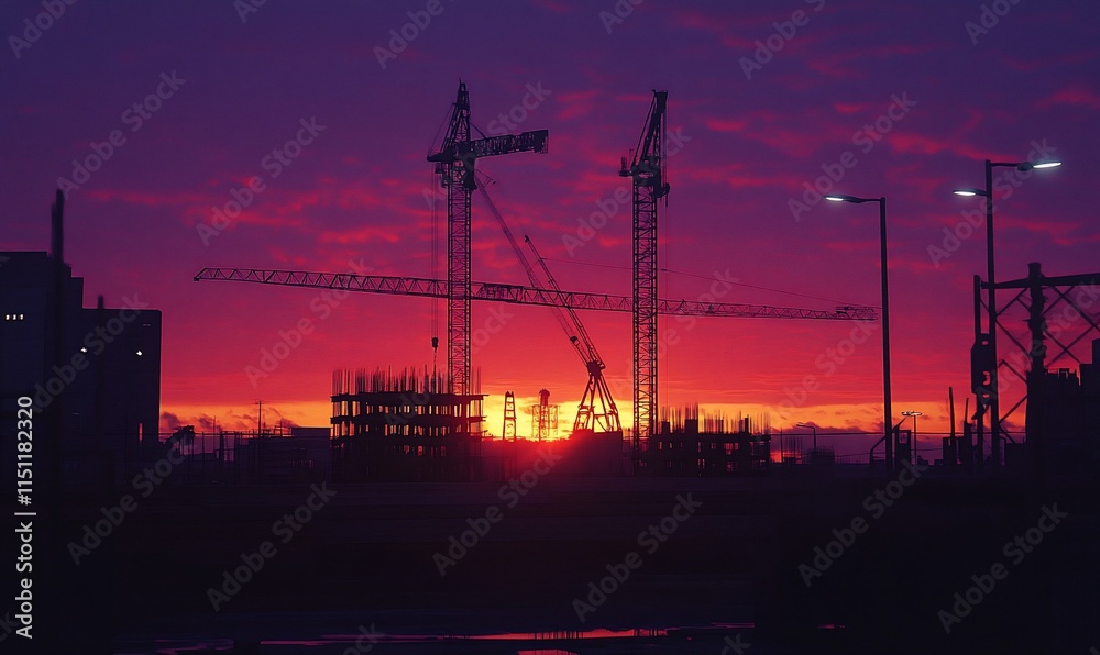 Fototapeta premium A silhouette of construction cranes against a vibrant sunset backdrop.