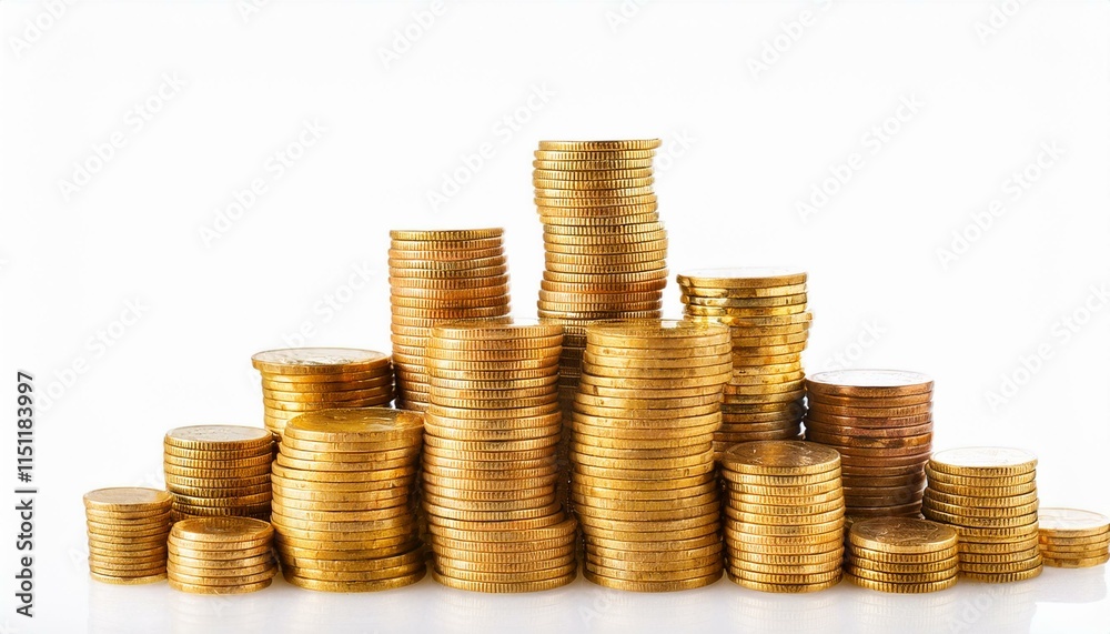 Stacks of reflective gold coins arranged on a plain white background, symbolizing wealth, savings, and investment Stacks of reflective gold coins arranged on a plain white background, symbolizing wealth, savings, and investment