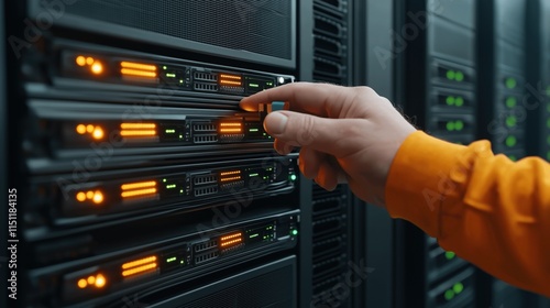 technician in an orange sweatshirt carefully modifies server settings within a dimly lit data center filled with rows of equipment photo