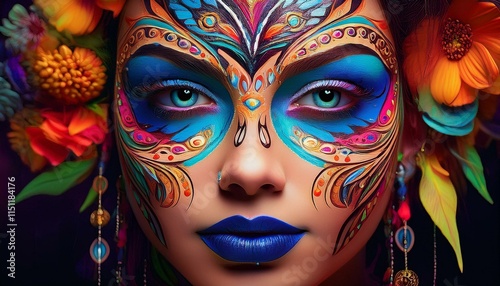 Vibrant and creative face painting featuring intricate floral motifs, showcasing artistic expression. photo