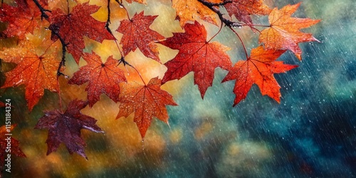 Wet autumn leaves of the maple ash tree create a stunning scene in the rain, highlighting the beauty of autumn leaves. The vibrant colors of autumn leaves are enhanced by the gentle rain. photo