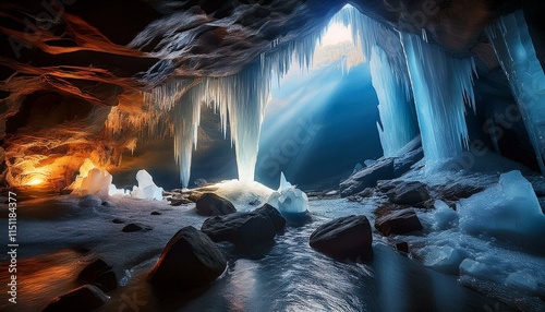 Stunning crystal caves illuminated by soft natural light, highlighting their intricate formations. photo