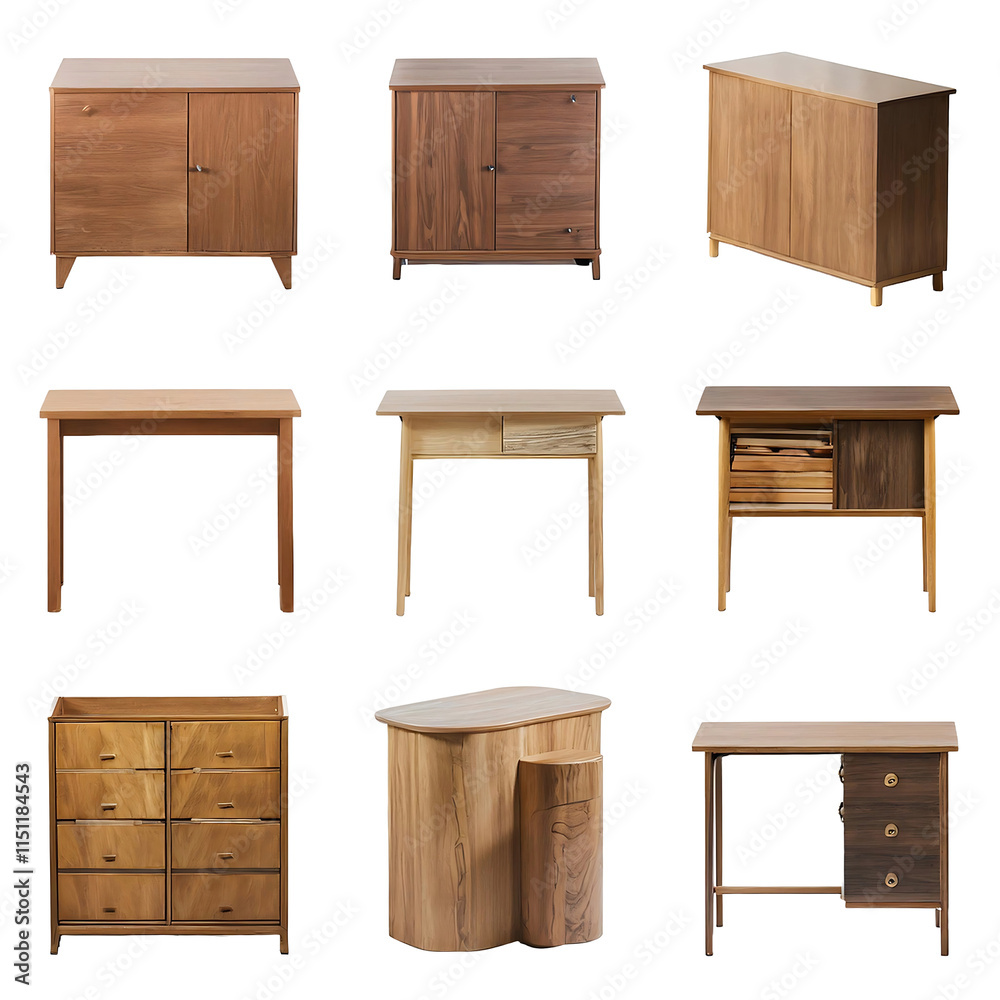 Various beautiful desk and table furniture on transparent background, design element, png. cupboard Various beautiful desk and table furniture on transparent background, design element, png. cupboard