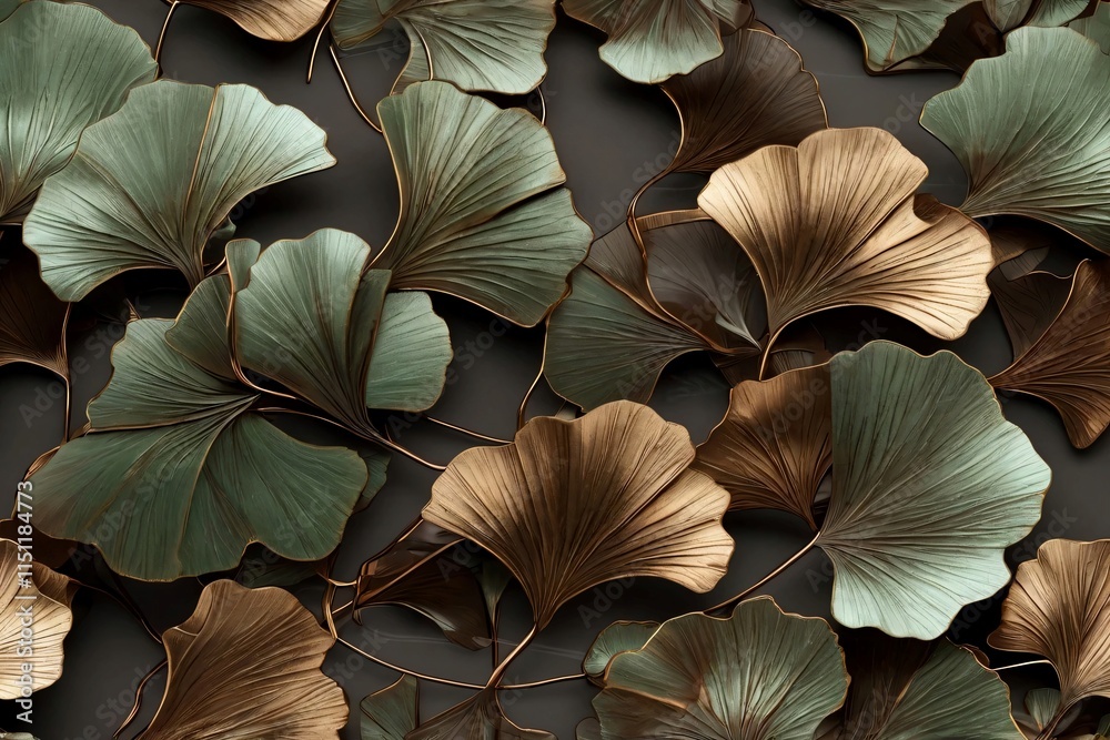 Ginko metallic reflective leaves in bronze brown, gold and pale green 3D, dramatic lighting Ginko metallic reflective leaves in bronze brown, gold and pale green 3D, dramatic lighting