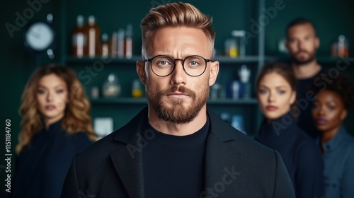 group of well-dressed individuals stands together in a contemporary environment, showcasing a mix of styles and diversity. atmosphere is sleek, emphasizing modern aesthetics