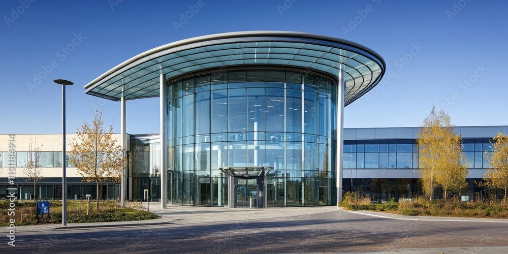 Obraz premium A modern office building featuring a large circular glass roof that enhances natural light and adds a striking aesthetic. This office building design exemplifies contemporary architecture with glass